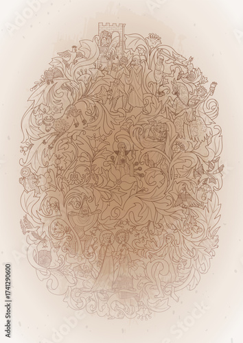 Graphic medieval scenes, people, animals, plants