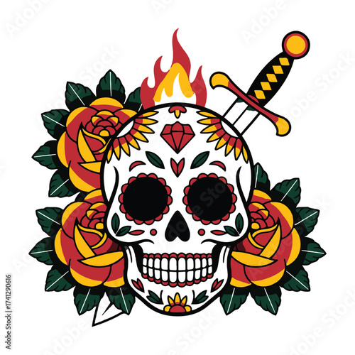 Traditional tattoo style illustration featuring a skull roses and a dagger