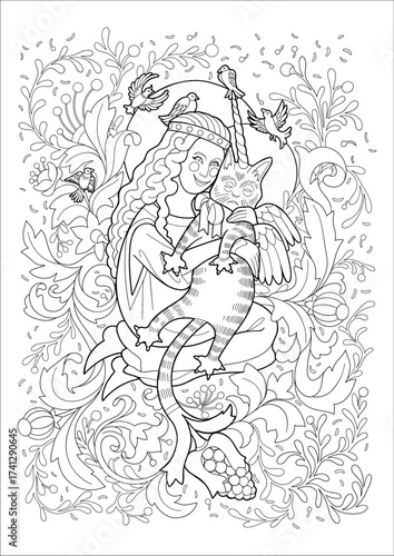 Curly-haired girl hugs her winged cat