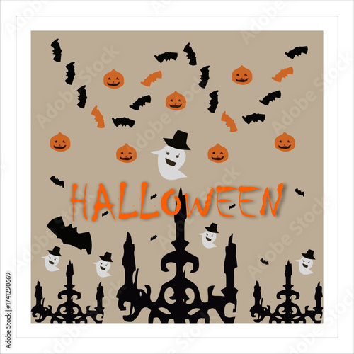 Vintage Halloween vector background with Jack-O’-Lantern, cute ghosts, bats, and rustic kraft paper style. Perfect for cards, invites, and decor.