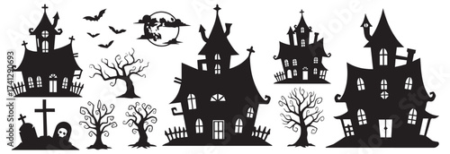 Spooky halloween silhouette collection featuring haunted houses creepy trees bats and a full moon scene
