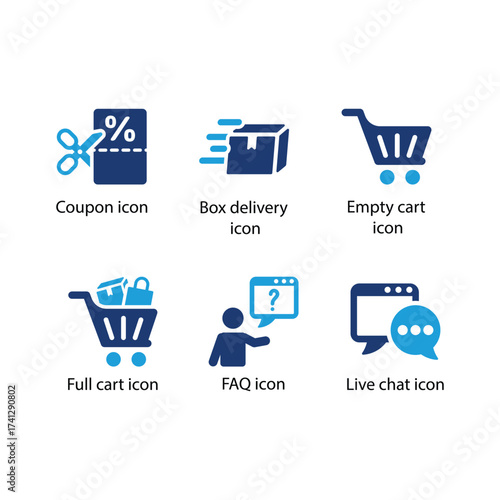 Coupon, Box delivery, Empty cart, Full cart, FAQ, Live chat, Blue Icon Set