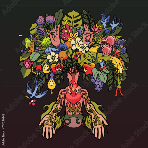 Meditating figure and creative medieval tree
