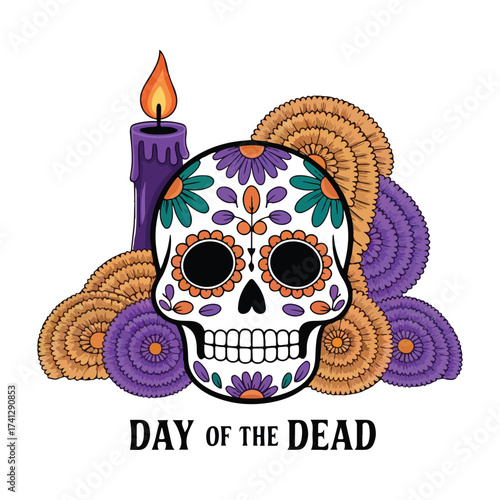 A colorful skull with flowers and a candle for day of the dead