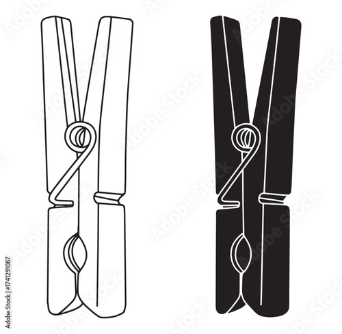 Vector illustration of two clothespins in black and white isolated on white background