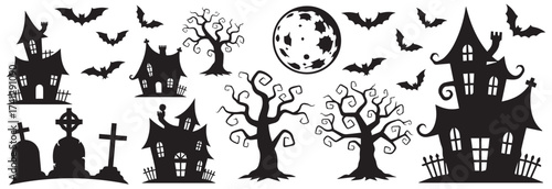 Spooky halloween silhouette collection featuring haunted houses spooky trees bats and a full moon for festive holiday design