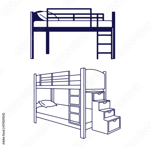 Vector illustration of two different types of bunk beds with integrated storage and ladder