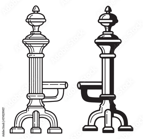 Vector illustration of two fireplace andirons in black and white outline style