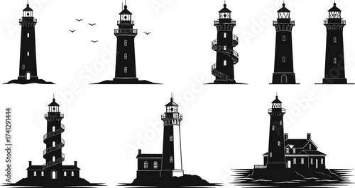 Set of black lighthouse vector silhouettes with spiral stairs, coastal buildings, marine beacons, ocean navigation towers, and nautical architecture designs