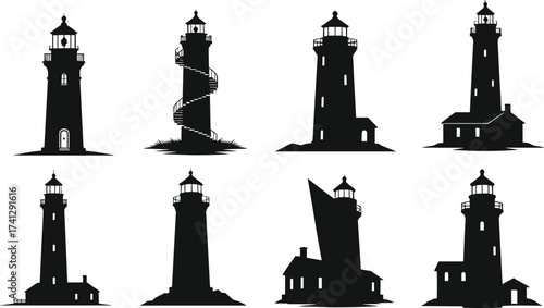 Collection of black silhouette lighthouse vector illustrations with houses, towers, spiral stairs, and coastal navigation design elements for marine themes