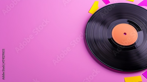 Vintage Vinyl Record with Colorful Confetti on Pink Background
