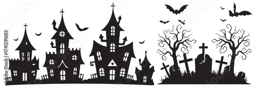 Spooky silhouette of haunted mansions and a creepy graveyard with bats flying overhead on halloween night