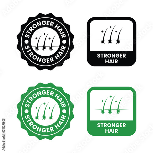 Strong healthy hair line icon set. Stronger hair logo, label, badge, sticker, symbol, emblem, black, circle, line, vector, isolated illustration. Stronger hair label for product packaging design.