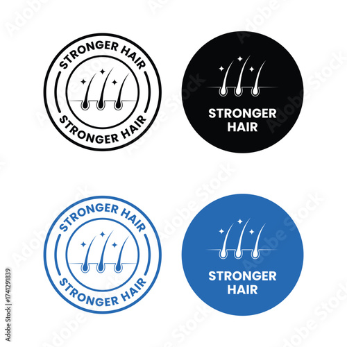 Strong healthy hair line icon set. Stronger hair logo, label, badge, sticker, symbol, emblem, black, circle, line, vector, isolated illustration. Stronger hair label for product packaging design.