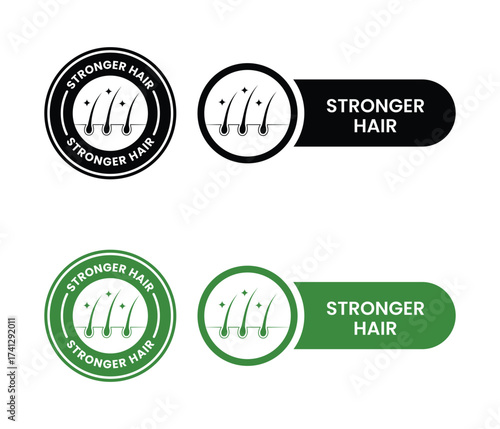 Strong healthy hair line icon set. Stronger hair logo, label, badge, sticker, symbol, emblem, black, circle, line, vector, isolated illustration. Stronger hair label for product packaging design.