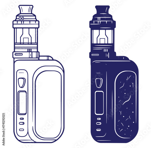 Vector illustration of two stylized electronic cigarettes or vapes in outline and solid design