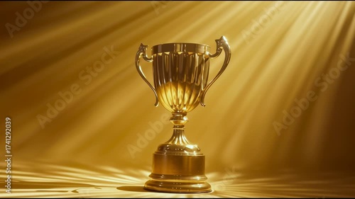 Gold luxury trophy shining in spotlight.Victory and goal success concepts