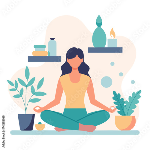 Woman meditating in a yoga position at home surrounded by plants and candles vector illustration for wellness and relaxation concepts