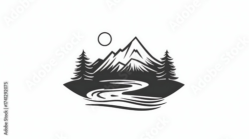 Monochrome graphic design of a mountain range with a flowing river and fir trees, an outdoor adventure emblem or stamp for nature lovers