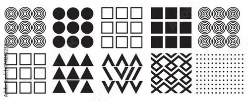 Collection of diverse geometric patterns and shapes in black and white for graphic design and art projects