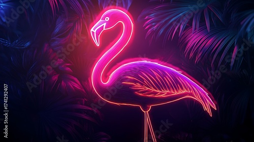 Neon Flamingo in Tropical Paradise A Vibrant Illustration of Nature and Nightlife