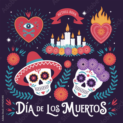 A vibrant day of the dead celebration with skulls hearts and candles