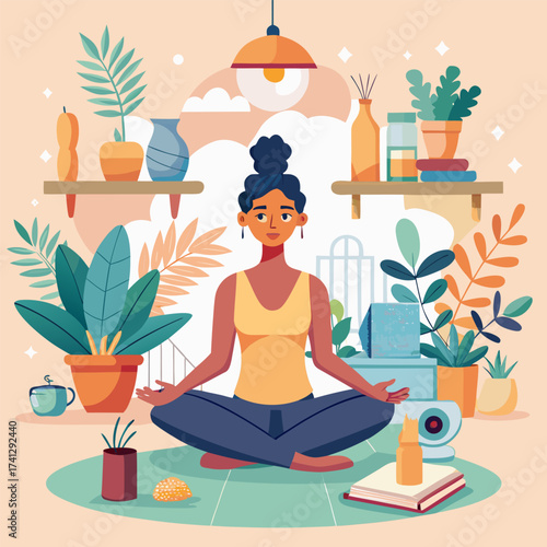 Woman meditating in a cozy room surrounded by plants vector illustration for mindfulness and relaxation promoting wellness and healthy lifestyle