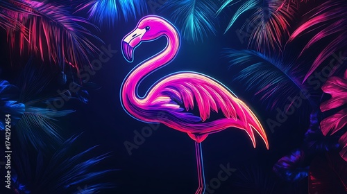 A futuristic digital illustration of a radiant pink flamingo bird illuminated by vibrant neon lights in an exotic, bioluminescent rainforest