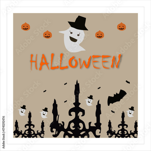 Vintage Halloween vector background with Jack-O’-Lantern, cute ghosts, bats, and rustic kraft paper style. Perfect for cards, invites, and decor.