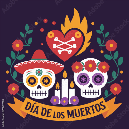 Vibrant day of the dead illustration featuring skulls hearts and flowers