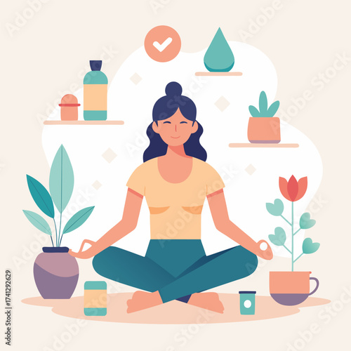Woman meditating in lotus position surrounded by plants and wellness items vector illustration for health and lifestyle concepts
