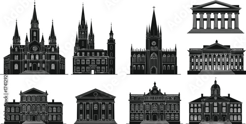 Collection of famous European architectural landmarks including cathedrals, churches, museums, and classical buildings silhouette vector illustration on white background.