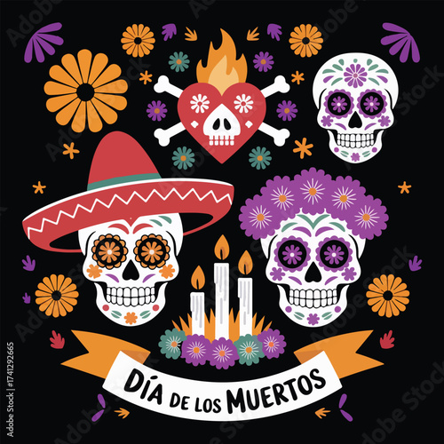 Colorful day of the dead skulls flowers and traditional decorations
