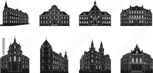 Collection of European classic architecture silhouettes featuring vintage mansions, old town halls, and historical buildings isolated on white background vector.