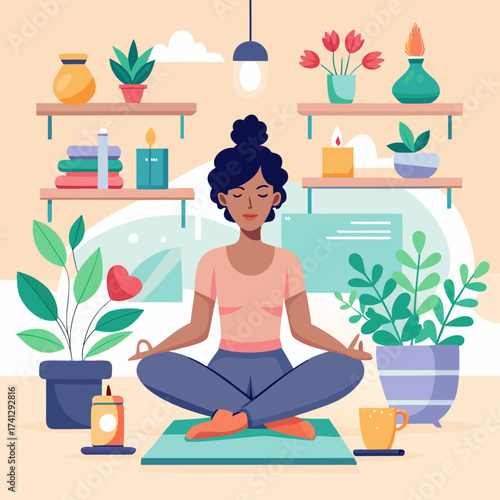 Woman in lotus position meditating at home surrounded by plants and candles vector illustration for wellness and relaxation concepts