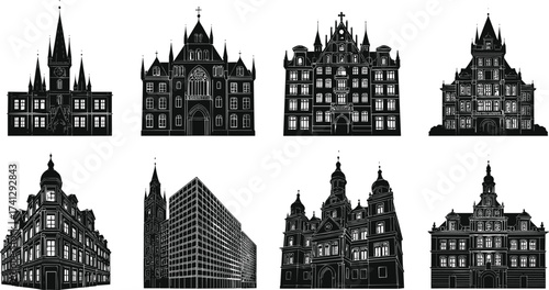 Collection of European historical architecture silhouettes featuring gothic cathedrals, vintage city halls, and classic buildings isolated on white background vector.
