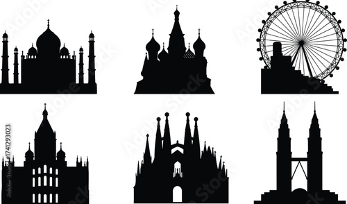 Famous world landmarks and monuments silhouettes including historical buildings and towers in black vector design for travel illustration.