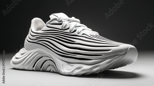 Modern White Athletic Shoe with Abstract Zebra Stripes and Sculpted Sole Design