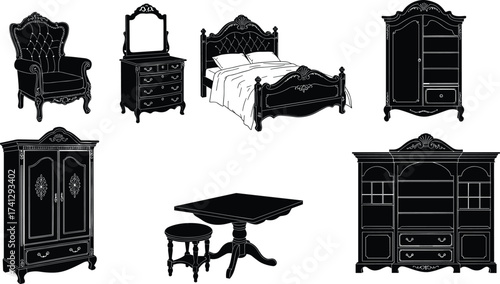 Antique luxury furniture silhouettes including bed, wardrobe, dresser, table, and armchair in elegant vintage Victorian style vector illustration.