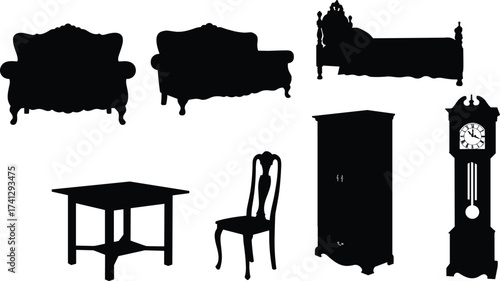 Vintage antique furniture silhouettes including sofa, armchair, bed, wardrobe, chair, table, and classic grandfather clock for interior design.