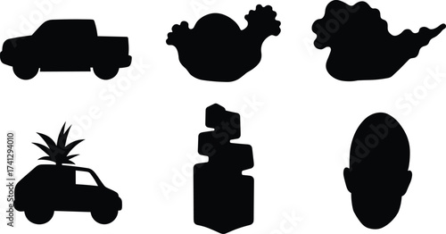 Collection of random black silhouettes including cars, abstract shapes, pineapple car, human head, and stacked rocks for creative design.