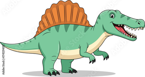 Cute cartoon spinosaurus dinosaur with orange sail, green prehistoric reptile character illustration for kids education, design, and learning resources