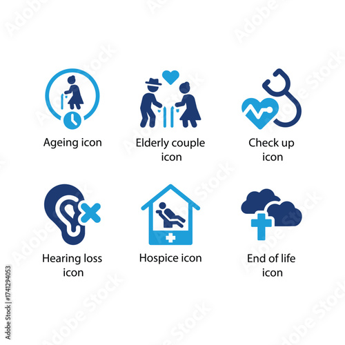 Ageing, Elderly couple, Check up, Hearing loss, Hospice, End of life, Blue Icon Set