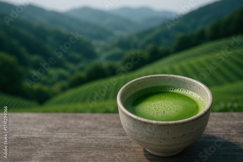 Traditional matcha bowl filled with vibrant green tea, set against lush tea fields in Uji, Japan.