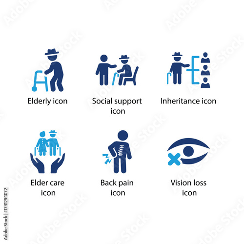Elderly, Social support, Inheritance, Elder care, Back pain, Vision loss, Blue Icon Set