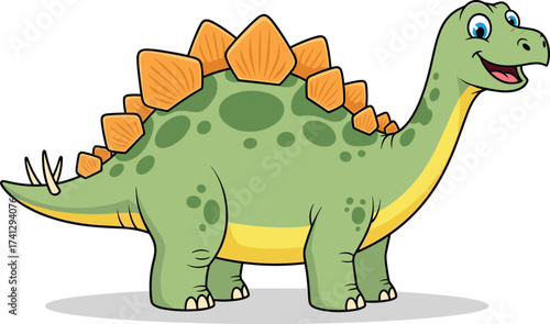 Cute cartoon stegosaurus dinosaur with orange plates, smiling prehistoric animal illustration for kids learning, education, and dinosaur art design