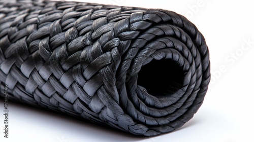 Black Woven Rolled Mat with Textured Surface on White Background