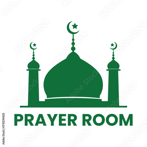 Mosque Prayer Room sign set. Muslim Male and Female Prayer Room signs, logo, label, badge, sticker, symbol, banner, circle, green, line, flat vector, isolated illustration.