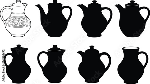 Set of black silhouette vector jugs, pitchers, ceramic pots, antique teapots and vintage kitchenware design for traditional pottery illustration.