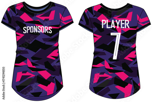 Women Sport Jersey t-shirt design flat sketch Illustration, Geometric pattern Round neck t shirt for girl and Ladies Volleyball jersey, Football, badminton, Soccer and netball, Sport uniform kit